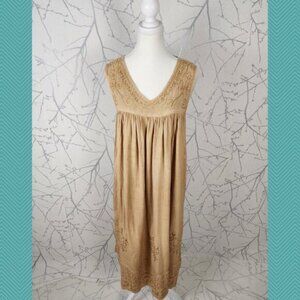 Cool Plus Gold Tan Embroidered Babydoll Flowy Midi Dress